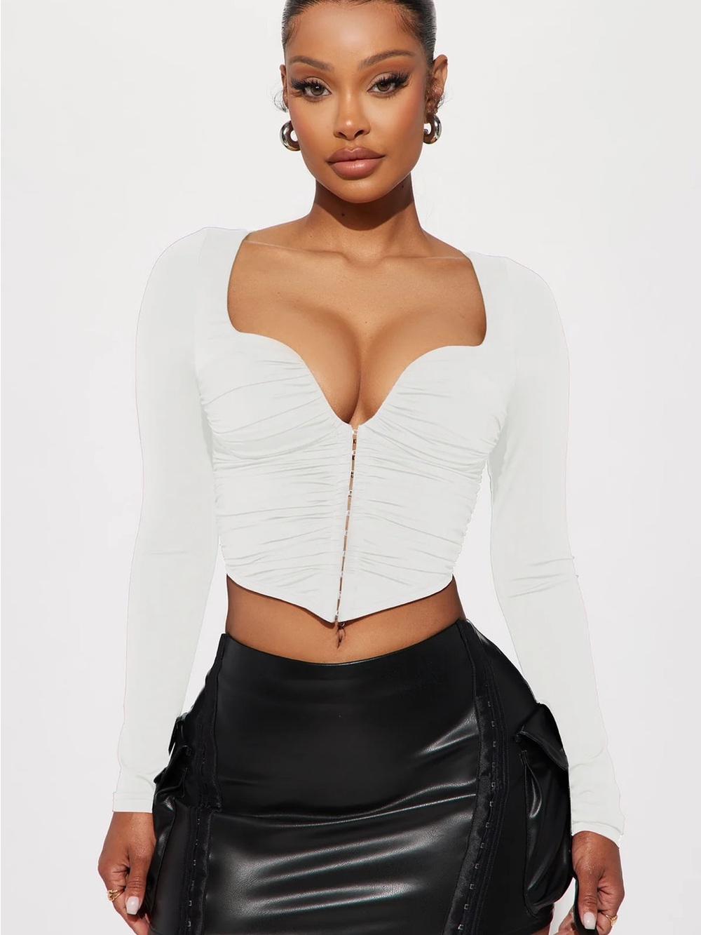 Fashion Nova White Long-Sleeve Ruched V-Plunge Crop Top